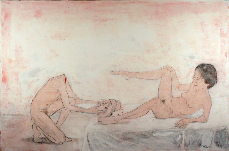 Offering mixed media drawing on prepared canvas enlarged